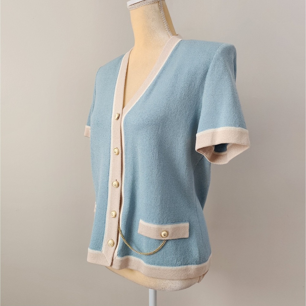 VTG ST. JOHN Marie Gray Size 6 Light Blue Santana Knit SS Jacket & Pencil Skirt - Picture 11 of 11
